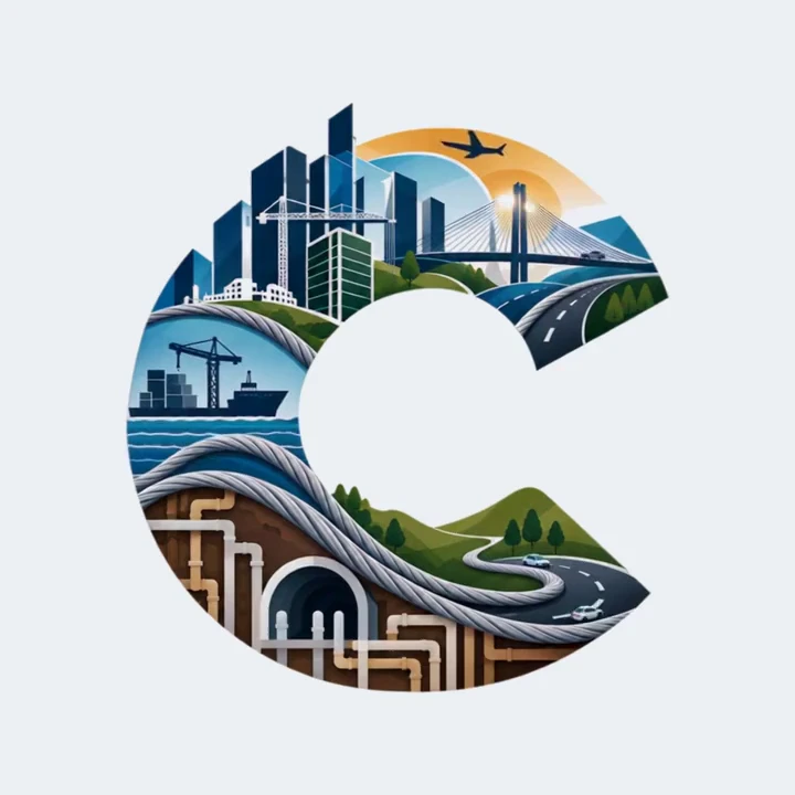 The Collaborative Leadership Project C mark: skyline, bridge, highway, port and underground utilities drawn inside one letter